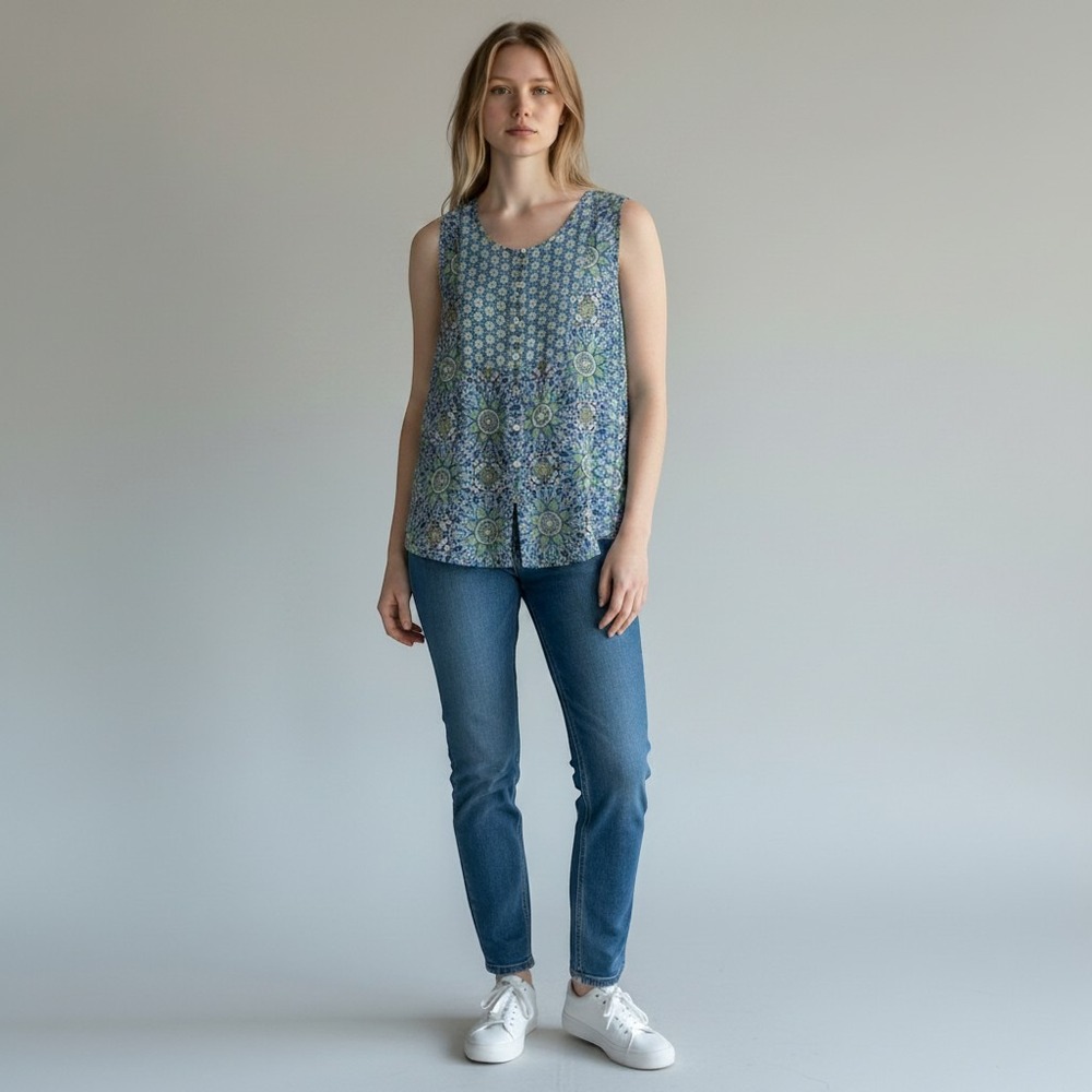 J. Jill Sleeveless Top Women L Blue Green Mandala Floral Button Front Rayon